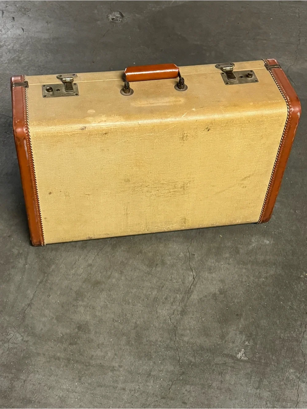 Vintage Goldpak Hard Suitcase in Tan and Brown Leather Accents